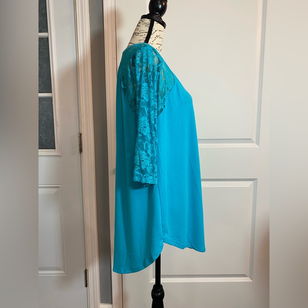Zenana Turquoise Blue Floral Lace Sleeve Baseball Tee T-shirt Top Blouse‎ 1X E - Picture 3 of 8